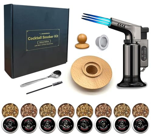 KILOGOGRAPH Cocktail Smoker Kit - mit 3 Düsenbrenner, 8 Holzchips für Cocktail Smoker, altmodisches Smoker-Set, Cocktail, Bourbon, Whiskey Smoker Kit, Geschenke für Männer, Barzubehör (ohne Butan)