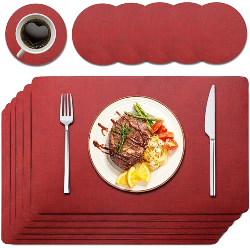 Purejoy Lot de 6 sets de table rouges en cuir synthétique résistant à la chaleur, lavables et antidérapants 43 x 30 cm