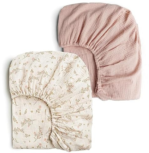 Konssy Muslin Crib Sheets for Girl Boy, 2 PCS Soft and Breathable Cotton Baby Sheets for Standard Crib Mattress, 52x 28 (Floral, Pink)