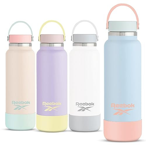 Reebok Stainless Steel Wide Mouth Water Bottle With Flex Cap For Outdoor - 32 oz - Double Wall Vacuum Insulated Sports Water Bottle With Silicone Sleeves, BPA Free (Blue)