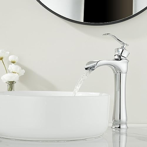 Maynosi Waterfall Bathroom Basin Mixer Tap, High Rise Mixer Taps for Countertop Basin, Tall Retro Sink Faucet with Wide Spout, Single Lever Durable Brass tap with Flexible Hoses (Chrome)