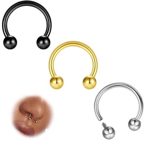 ESHIONER G23 Titan Septum Ringe Hufeisen Piercing Daith Tragus Lip Ring Nasenring Nasenpiercing Dünn Klein Conch Hypoallergen 18G 16G 8MM/10MM Schwarz Gold Silber 3PCS Septum Piercing Schmuck Damen