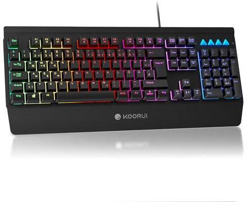 KOORUI Gaming Tastatur, Deutsches QWERTZ-Layout mit Handballenauflage Ghosting Schutz Tastaturen USB Kabel 12 Multi Media Tasten für Windows MacOS Linux -Schwarz