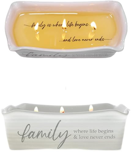 Pavilion Gift Company - Family Where Life Begins & Love Never Ends - 12oz Wax Reveal Secret Surprise Message Triple-Wick Jasmine Scented Candle Housewarming Apartmentwarming New Home Gift Present