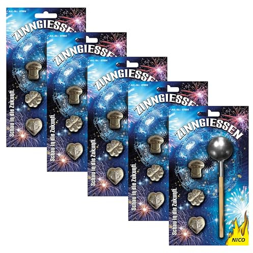 NICO Europe® Zinngießen-Set, 5 STK., 15 Figuren, 5 Löffel | Alternative zum Bleigießen, Orakelheft, Silvester, Partyspaß