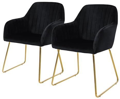 ML-Design Set de 2 Chaises de Salle à Manger, Noir, Assise Rembourrée en Velours, Pieds Dorés en Métal, avec Dossier et Accoudoirs Ergonomiques, Fauteuil Moderne de Salon Bureau Chambre Cuisine