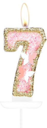Décoration de gâteau d'anniversaire en forme de papillon en forme de chiffre 7, bougies roses et dorées pour gâteau de 7e anniversaire de fille, pour fête sur le thème des papillons