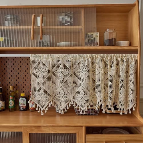 Lsimeru Häkeltgardine Landhausstil Vintage Kurz Geometrische Blätter Häkelspitze Scheibengardinen Bistrogardine Häkeloptik Kurzstores Gardinen Häkeln Kurzvorhang Kurzgardinen mit Quasten,130x45cm