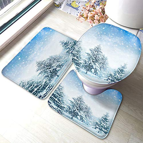 Set 3 Teilig Badvorleger Winter Schneebedeckte Tannen Am Berghang rutschfeste Fußmatte Set Langlebige Weiche Badematte Und Wc-Vorleger-Set, Für Spa, Wc-Sitz Bezug