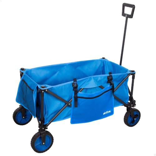 AKTIVE Carro Transporte Plegable, Playa, Jardín, Camping, Azul, Gran vagón, hasta 80 kg, Ruedas giratorias 360° con Frenos, Mango multiángulo, 2 Bolsillos, con Funda, Portasillas (62371)
