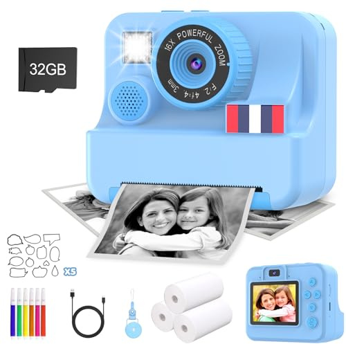 Yosfeng Kinderkamera Sofortbildkamera 1080P, Sofortbildkamera Kinder mit 32GB Karte & 3 Rollen Druckpapier, Kreativ Kinderspielzeug Geschenke für Jungen & Mädchen von 3-12 Jahren (Blau)