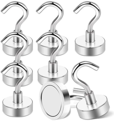 Dawumin 6 Stück Magnethaken Extra Stark, 38Kg+ Silber Magnete Mit Haken, 32mm Stanzfrei Magnet Haken, für Küche, Werkzeugraum, Büro, Camping, Eisentor, Garderobe