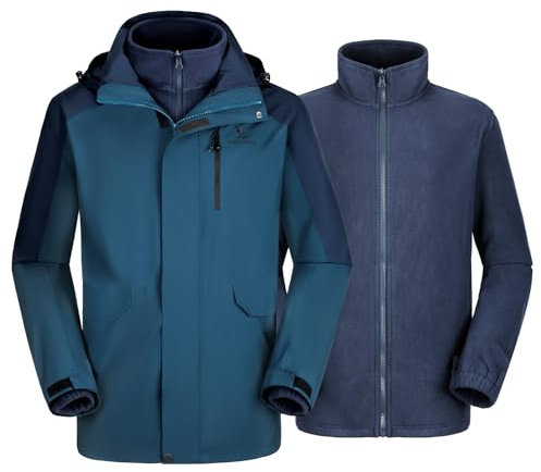 CAMEL CROWN Herren Skijacken 3 in 1 wasserdichte Winterjacken Schneejacken Winddicht Kapuze mit Innenfleece Mantel, Blau, 3XL