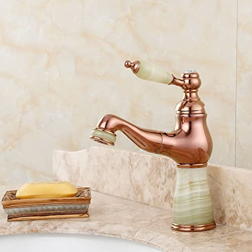 CCKUHN All Copper Gold Natural Jade Undercounter Basin Pull-Out Faucet, Universal Hot and Cold Water Faucet