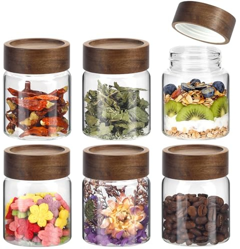 Foyofly Glass Coffee Storage Jar with Wooden Lids Spoon Thicken Canister Borosilicate Food Containers for Ground Beans Overnight Oatmeal Tea (6 x 150 ml (5oz))