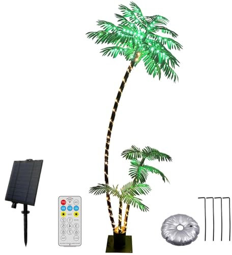 Peyayi 7ft Solar Lighted Palm Tree, Home Room Decor 260LED Christmas Tree, 3 Trunks Artificial Palm Trees for Outside Patio, Indoor Decorations, Outdoor Garden, Pool