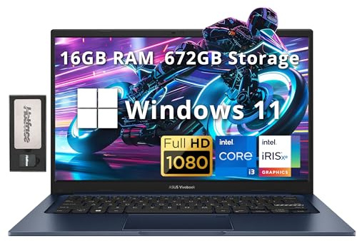 ASUS Vivobook - Computer portatile FHD antiriflesso da 14, Intel i3-1215U, 16 GB di RAM, 672 GB di memoria (SSD da 512 GB + set docking station da 160 GB), fotocamera HD, WiFi 6E, Bluetooth, scheda
