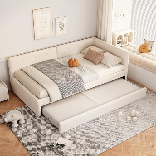 Polsterbett mit Ausziehbett 90x200 cm, Ausziehbar Schlafsofa Tagesbett Gästebett Daybett Einzelbett Kinderbett Sofabett Jugendbett Bettgestell mit Lattenrost aus Holz, Samt, Ohne Matratze, Beige