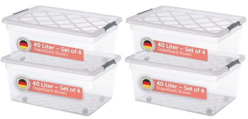 Blumtal Aufbewahrungsbox mit Deckel 40L aus Kunststoff - Aufbewahrungsboxen 57x39x25 cm - Kunststoffbox aus 100% Neumaterial mit Verschlussclips - Ordnungsboxen mit Deckel - Lagerboxen 4er Set