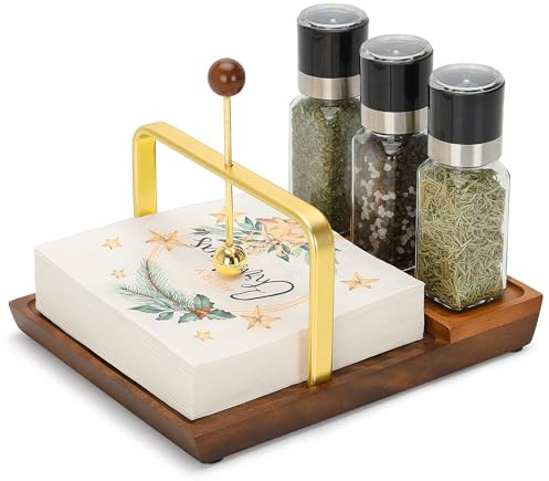 SUNNEKO Holz-Serviettenhalter für den Tisch,Serviettenständer für quadratisches Papier, Salzflasche, Pfefferstreuer, Metall-Schwergewicht-Kugel als Papiergewicht, für Küche, Cocktailbar