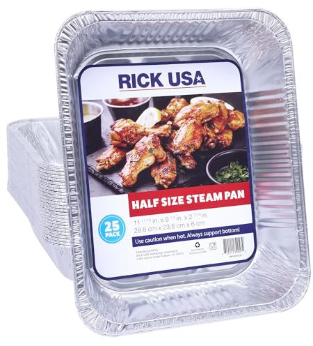 RICK USA: Half Size Steam Pan - 25 Pack - 11.7x9 Disposable Aluminum Foil, Multi-Purpose Baking-Cooking, Durable, Grill-Oven-Freezer-Dishwasher Safe