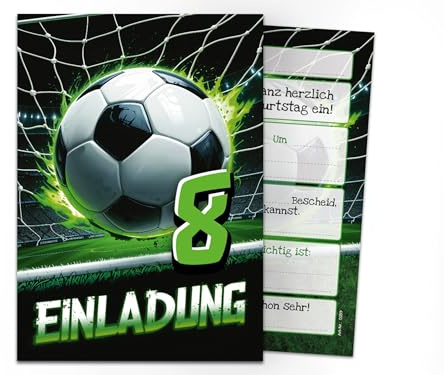 Junaversum 12 Einladungskarten zum 8. Kindergeburtstag Fußball Fussball Jungen Kinder coole bunte Einladungen achte Geburtstag Geburtstagseinladungen Kids
