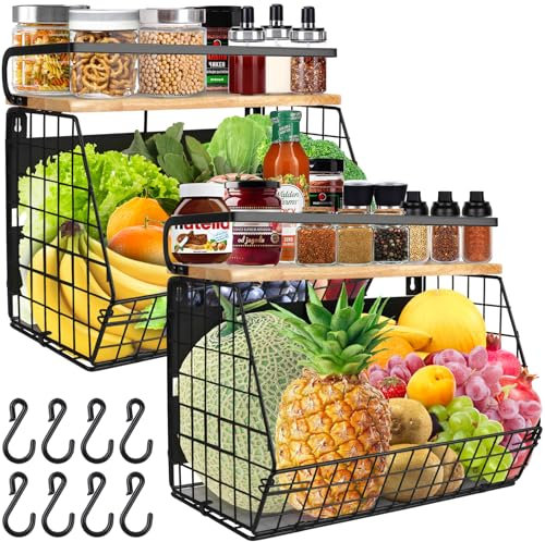 2 Pack Magnetisches Gemüseregal Obstschale Obstkörbe für Küche, Hängeregal mit Bananenaufhänger Küchenaufbewahrung Stapelbare Aufbewahrungskörbe für Gemüse Kühlschrank Seitenaufbewahrung ohne Bohren