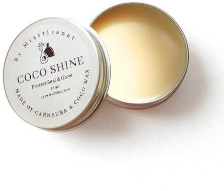 CocoShine Natürliches Wachs und Lack für Jesmonite, Beton, Ton, schützt und beleuchtet Ihre Räume, Duft: Kokos- und Vanilleduft, 100 % natürlicher Carnauba- und Kokoslack, 50 ml mit Applikator
