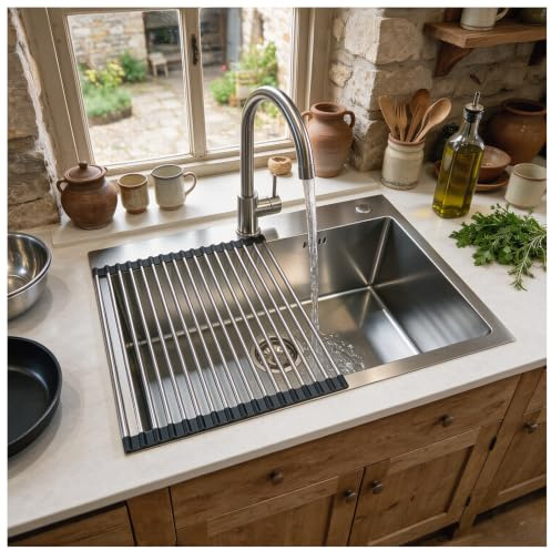 HZKSINNK Fregadero Cocina 55 x 45 cm, 1 Seno Fregadero Acero Inoxidable Cepillado, Fregadero con 2 Orificios para Grifo, Bajo Encimera o Sobre Encimera, con Desagüe de sifón y juego de rebosadero