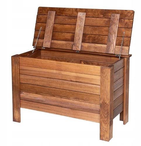 STOLMAK Gartenbox 80x52x40 cm Braun Kiefernholz Massiv Auflagenbox Kissenbox Gartentruhe Holztruhe Aufbewahrungsbox Truhe Kiste 166 l