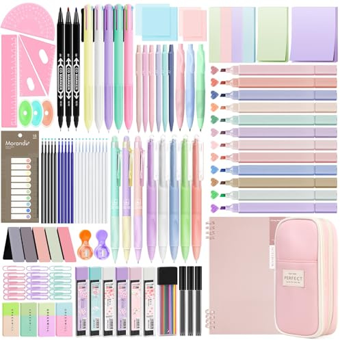 Focxoio 146PCS Aesthetic Stationery Supplies with Pen Case & Notebook,12 Pastel Highlighters,3 Erasable Pens,5 Multicolor Pen,5 Gel Pen,9 Mechanical Pencil Stationery Set for Students School Supplies