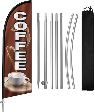 QSUM Coffee Feather Flag with Stainless Steel Flagpole,Ground Spike Advertising Flag,Suitable for Businesses and Storefronts Signs,8FT,1 Set(Style2)