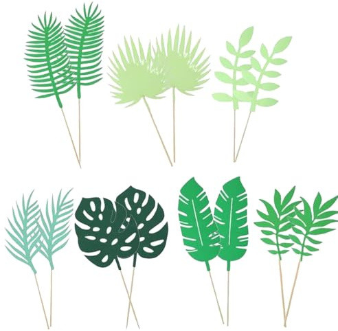 14 PCS Tropical Leaf Cake Toppers –Picks for Tropical Jungle Birthday Party Decorations – Green Leaves Cake Decorations for Baby Shower, Summer Party, Hawaiian Theme