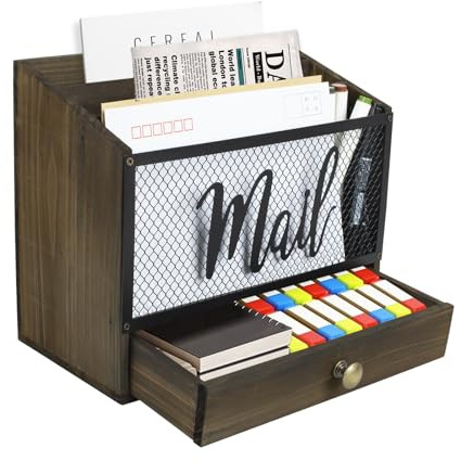 Niciksty Organiseur de Courrier de Bureau en Bois et Tiroir, Brune | Bois massif, style rétro, compartiments multiples. Range courrier, cartes, papiers A4, fournitures bureau