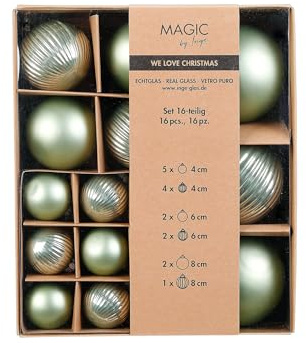 Weihnachtskugeln Glas 4-8cm Mix 16er Set - matt & glänzend gerillt - Christbaumkugeln Weihnachtsbaumkugeln für Weihnachten - Christbaumschmuck & Weihnachtsbaumschmuck Salbeigrün - Mild Sage