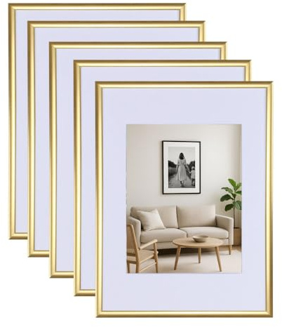KM FOTO 3er 5er Set New Lifestyle Kunststoff Bilderrahmen mit Passepartout & Kunststoffglas Hoch- & Querform: Farbe: 5er Pack Gold | Format: 15x20