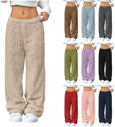 Generisch Pyjamahose Damen Fleece Kuschel Gerade Hosen mit Breitem Bein Baggy Flauschig Schlafhose Elastischem Bund Thermohose mit Tunnelzug Winter Warme Kuschelhosen Bequeme Haushose