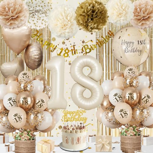Decorazioni Compleanno 18 Anni Ragazza, Addobbi 18 Anni Ragazza Beige Oro | Palloncini Compleanno 18, Festoni Compleanno 18, Tenda Metallica per Decorazioni Festa 18 Anni