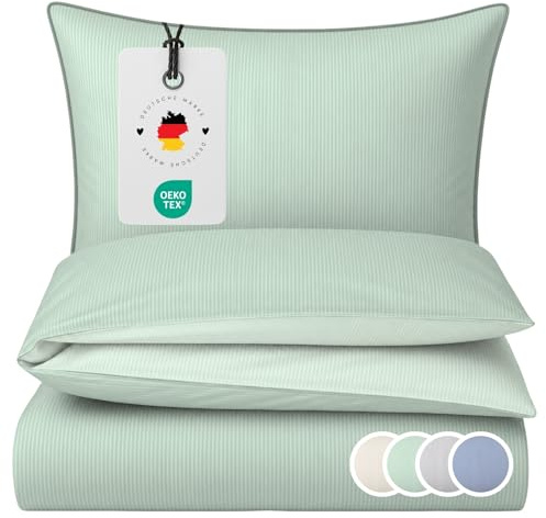 Carpe Sonno Mako Satin Wendebettwäsche 135x200 cm Nadelstreifen – Grün | Satin Bettwäsche aus Baumwolle mit Wende-Design | Bettbezug mit Reißverschluss + Kissenbezug 80x80 | edel gestreift