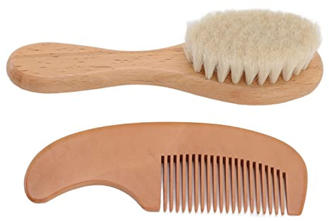 Baby-Bürsten- und Kamm-Set, natürliches Ziegenhaar, weiche Borsten, sanfte Kopfhautmassage für Neugeborene, Kleinkinder, Kinder, Haarpflegezubehör aus Verbundholz und Wolle,