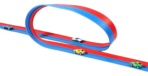 Vvikizy Pista de Carreras de Autos Juego Flexible de 14.76 Pies con 4 Autos para Horas de Diversión en Interiores y Exteriores Diseño de PVC Rojo y