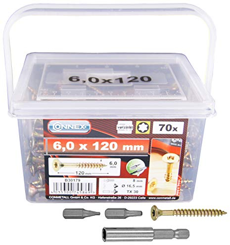 Connex Universalschrauben 6,0 x 120 mm - 70 Stück im Set - Senkkopf - TX-Antrieb - Teilgewinde - Gelb verzinkt - Inkl. Magnethalter & 2 Bits / Schrauben-Set / Schrauben-Eimer / B30179