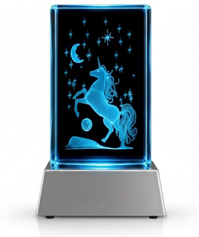 3D Einhorn Nachtlicht LED im Kristall Glasblock mit Farbwechsel Sockel – Einhorn Lampe für Kinder, Mädchen & Jungen – Einhorndeko Stimmungslicht – Geschenk zu Weihnachten, Geburtstag, Valentinstag