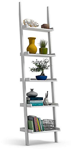 Tangkula Ladder Shelf, 5-Tier Multifunctional Modern Wood Plant Flower Book Display Shelf, Home Office Storage Rack Leaning Ladder Wall Shelf (White, 1)
