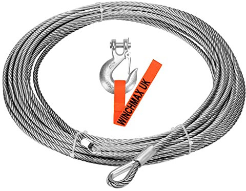 WINCHMAX Galvanised Steel Winch Cable/Wire Rope 26m x 9.5 mm. Minimum Break Load 8,229kg / 18,142lb. Suitable for winches up to 13,500lb. Includes 3/8 Inch G70 Forged Clevis Hook.