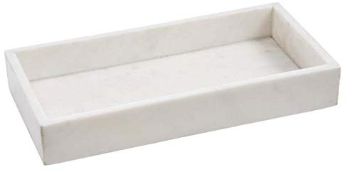 Marmorbricka – bricka av vit marmor – Marble Tray – dekorativ bricka – serveringsbricka – rektangulär – marmorutseende – vit – 15 x 30 x 4 cm