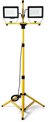 Stak Velamp ST748 Proyector LED sobre trípode, 2 x 50 W, 8000 lm, amarillo, cable 3 m, IP65, hasta 160 cm de altura. Uso exterior: ideal para obras, garajes, G.