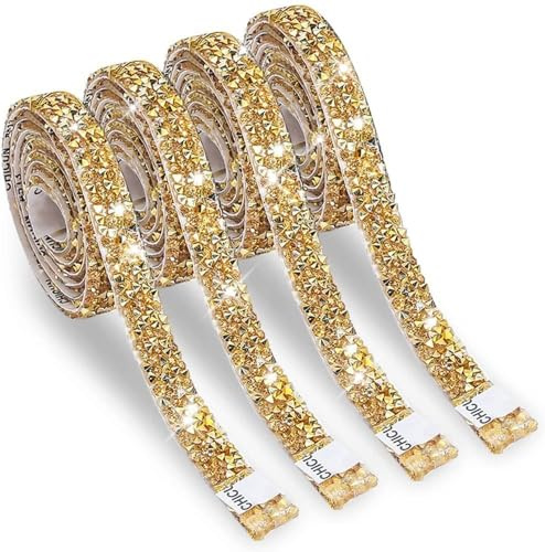 4 Rolls Gold Resin Rhinestone Ribbons Self-Adhesive Crystal Ribbon Roll Glitter Resin Diamond Belt Bling Sparkling Diamond Ribbon Bling Stickers Wrap Crystal Roll for DIY Arts Crafts,10mm