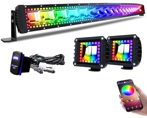 Lpteso RGBW Curved LED Light Bar 50Inch 288W Flood Spot Combo Beam 2PCS 4 Inch 18W Flood RGB LED Pods with 16 Solid Colors Chasing RGB Halo Ring Changing with Strobe Flashing with Rocker Switch Wiring