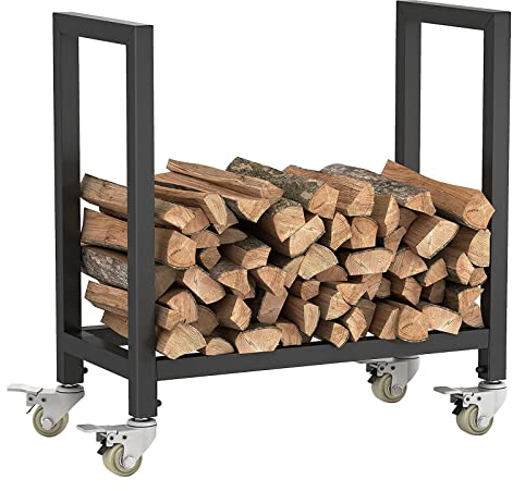 Beweglich Kaminholzregal Aussen mit Räder, Schwerlast Stapelhilfe für Brennholz, Kaminholz Stapelhilfe Metall, 65 x 30 x 68 cm